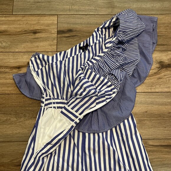 J. Crew One Shoulder Ruffle Jumpsuit SZ 6 Blue White Stripe Romper Wide Leg - Picture 7 of 10